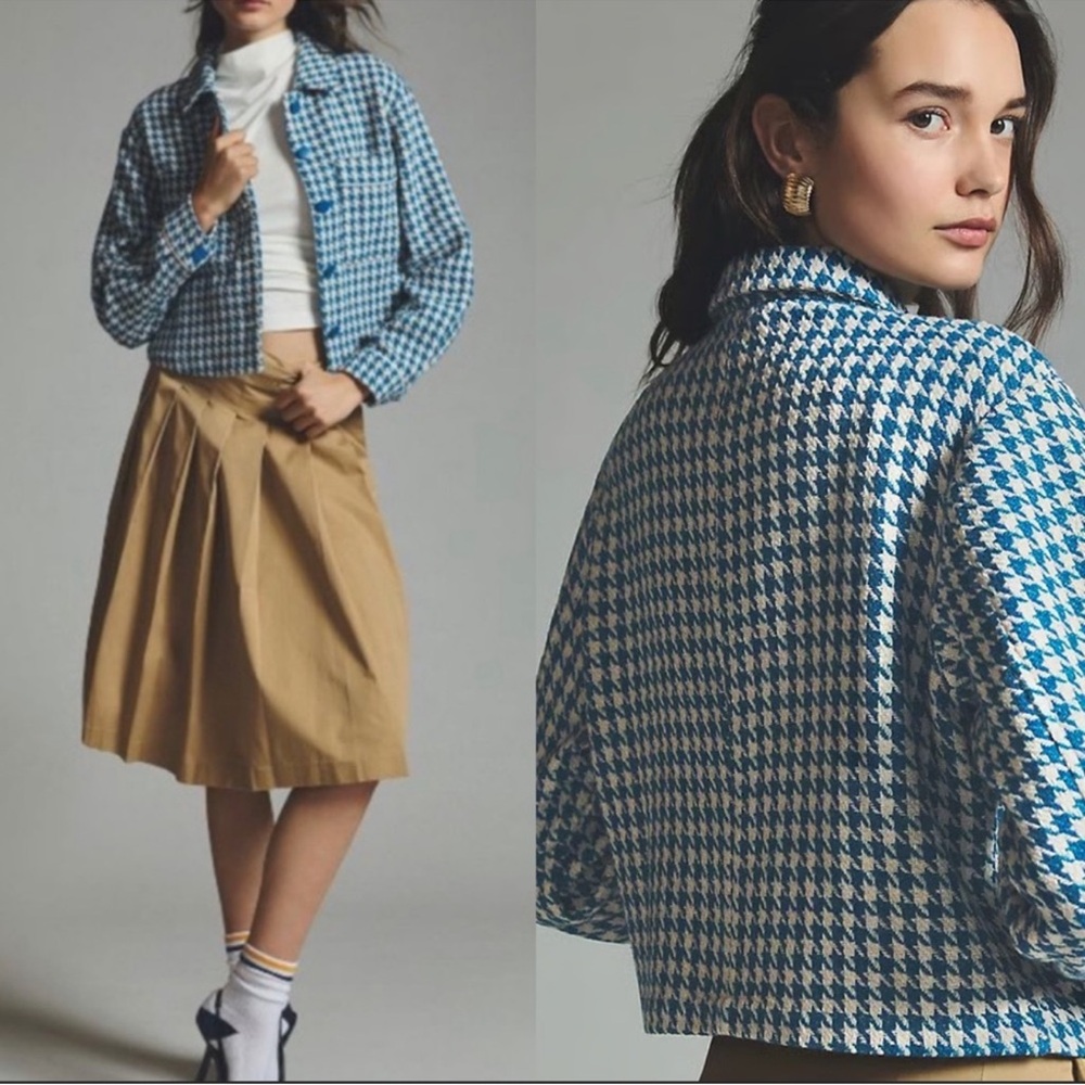 DOLAN Blue and White Houndstooth high low cropped Jacket Size L